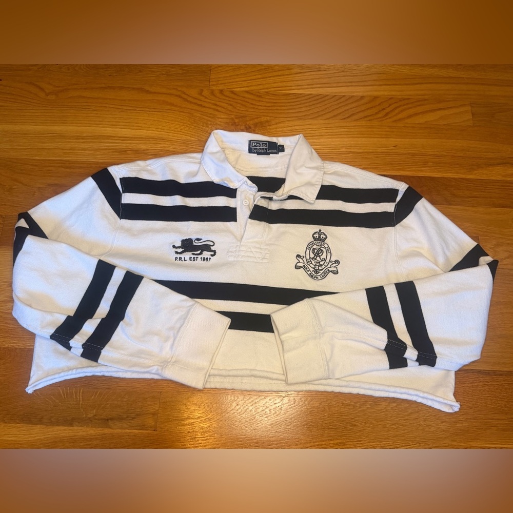 Polo Ralph Lauren Rugby Crop Sweatshirt XL Striped Big Logo Crest Preppy - Picture 2 of 11